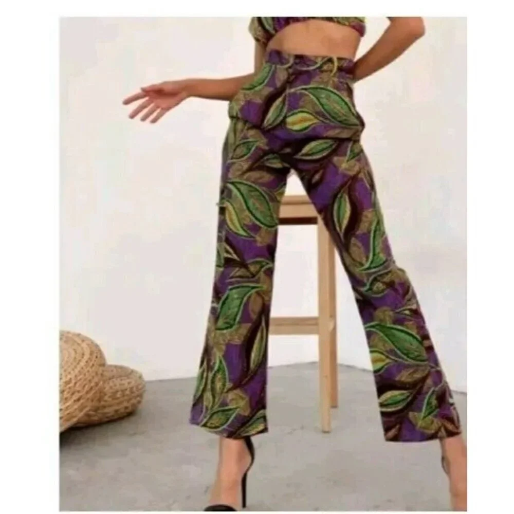 Zara Linen Blend Leaf Print Wide Leg Trouser Women's Size M 7852 604